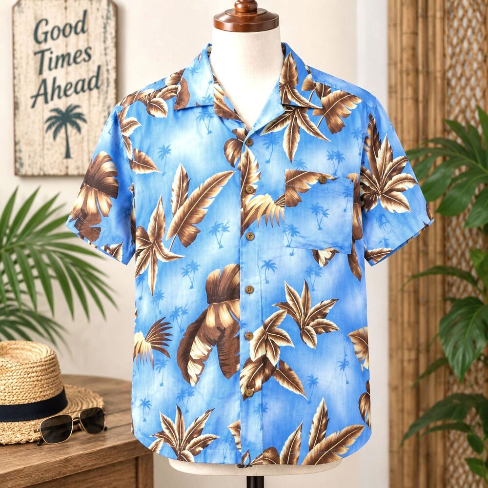 Covington Blue Palm Print Hawaiian Shirt Size Medium